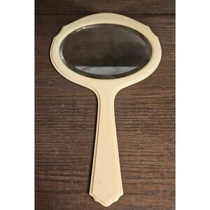 Vtg 1920s French Ivory Pyralin Oval Beveled Hand Held Vanity Mirror 14 1/4" x 8"
